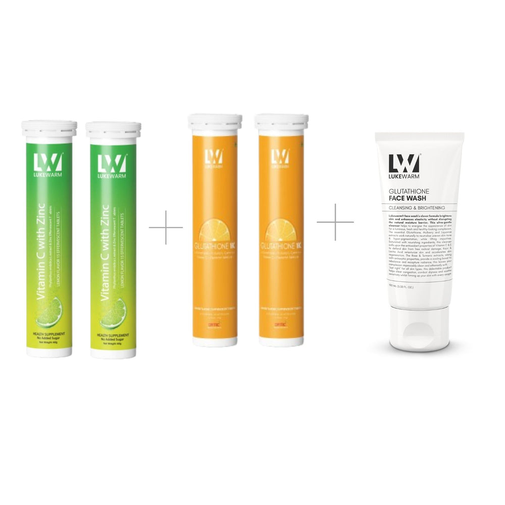 Lukewarm Glutathione 1K Orange Flavour with Lukewarm Vitamin C with Zinc Effervescent (Pack of 2) + Lukewarm Glutathione Face Wash, 100ml