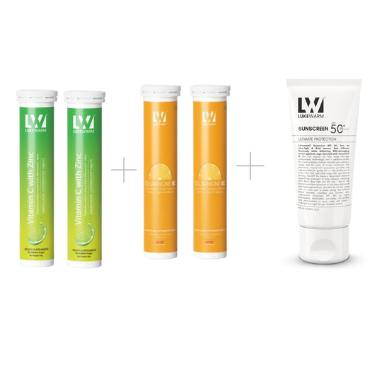 Lukewarm Glutathione 1K Orange Flavour with Lukewarm Vitamin C with Zinc Effervescent (Pack of 2) + Lukewarm Sunscreen, 100ml