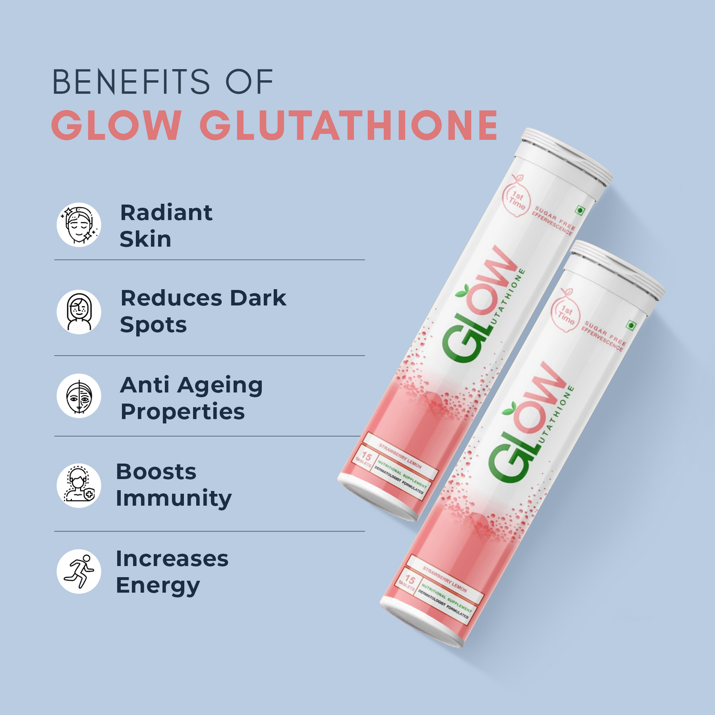 Glowglutathione Effervescent - Strawberry And lemon, 15 Tablets