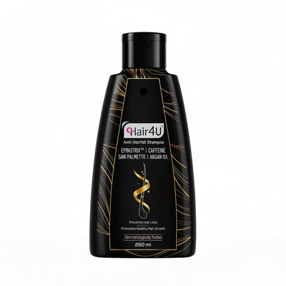 A 250 ml bottle of hair4U Anti-Maternal Shampoo in shade 6, featuring a sleek black bottle with gold accents and a white and pink brand logo, set against a plain white background.