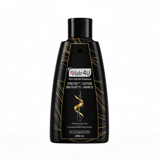 A 250 ml bottle of hair4U Anti-Maternal Shampoo in shade 6, featuring a sleek black bottle with gold accents and a white and pink brand logo, set against a plain white background.