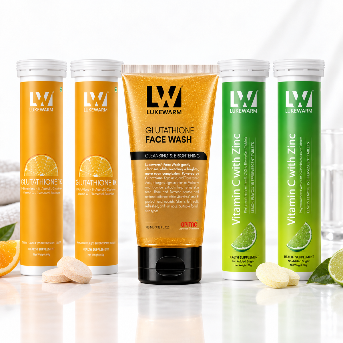 Lukewarm Glutathione 1K Orange Flavour with Lukewarm Vitamin C with Zinc Effervescent (Pack of 2) + Lukewarm Glutathione Face Wash, 100ml