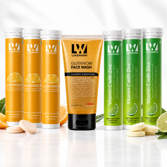 Lukewarm Glutathione 1K Orange Flavour with Lukewarm Vitamin C with Zinc Effervescent (Pack of 3) + Lukewarm Glutathione Face Wash, 100ml