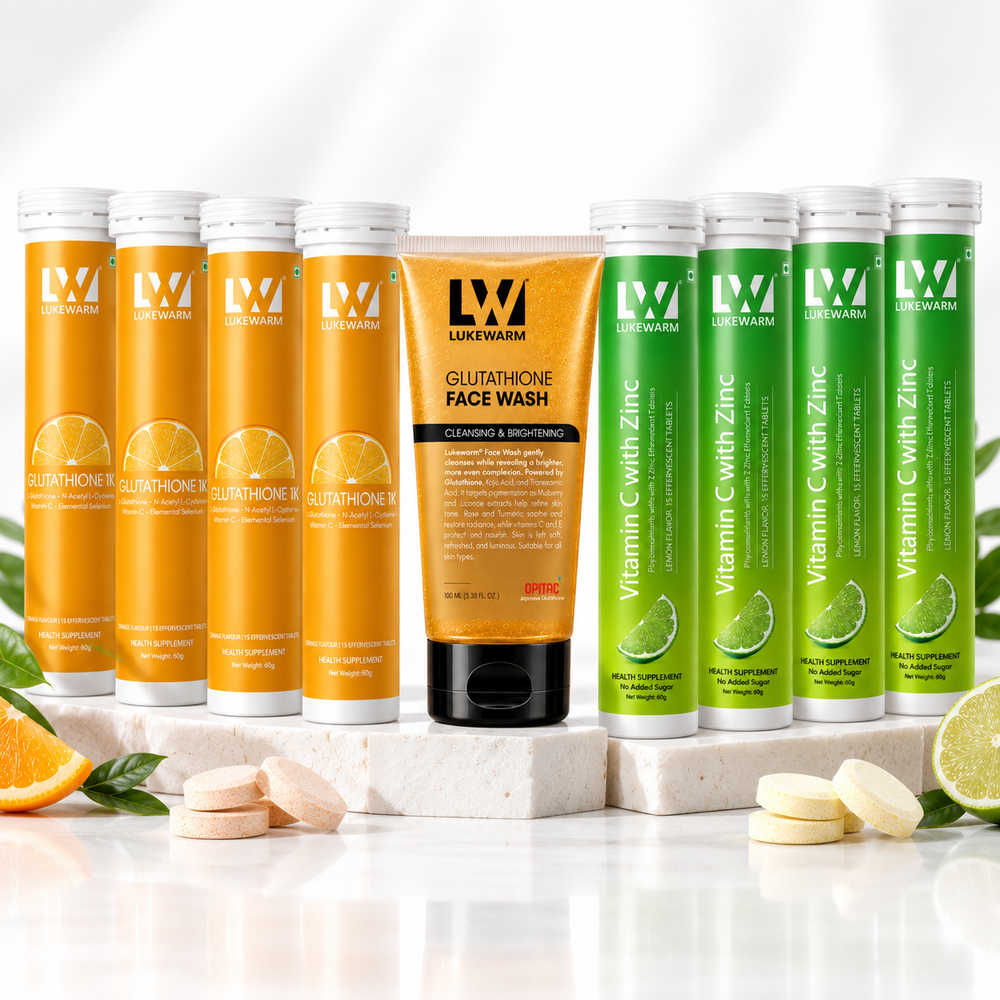 Lukewarm Glutathione 1K Orange Flavour with Lukewarm Vitamin C with Zinc Effervescent (Pack of 4) + Lukewarm Glutathione Face Wash, 100ml