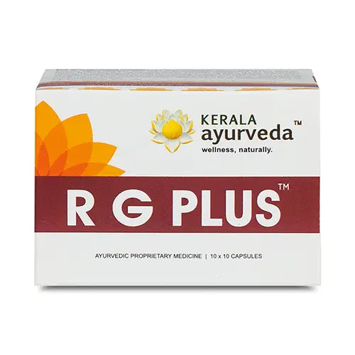 Kerala Ayurveda RG Plus ayurvedic capsules in a white box with orange and maroon branding, on a white background.