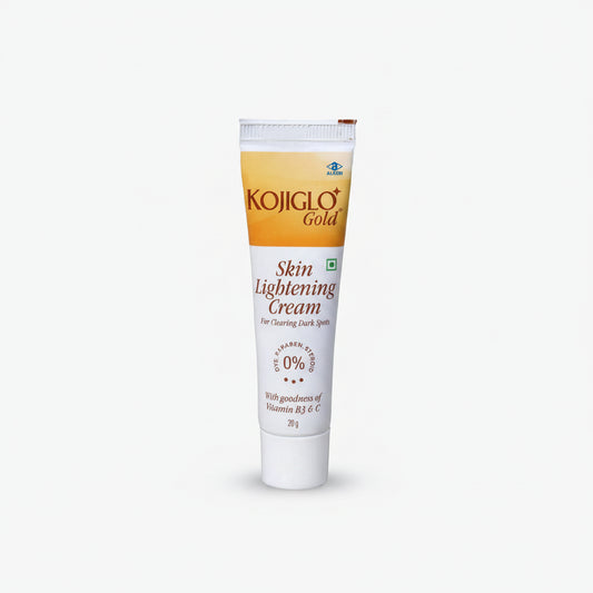 A 30g squeeze tube of Kojiglo Gold Skin Lightening Cream, featuring a white and orange label with brown text, set against a plain white background.
