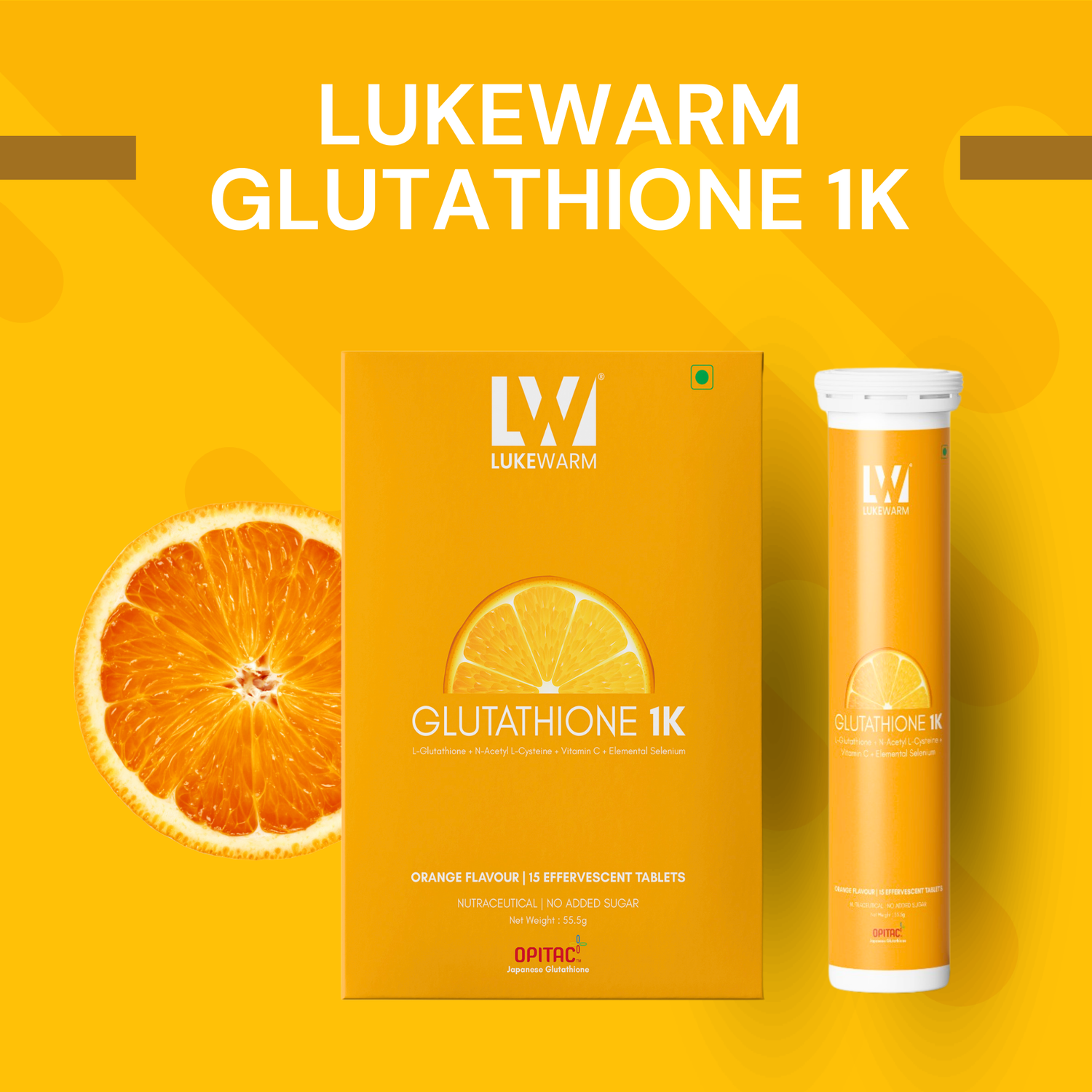 Packaging for Lukewarm Glutathione 1K Orange Flavour, showing the box and effervescent tablets with a slice of orange.