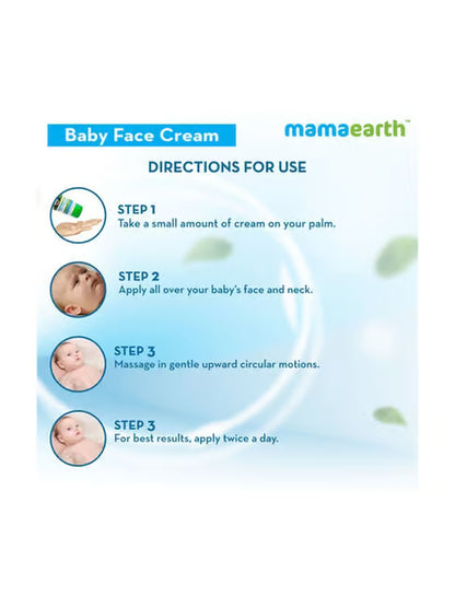 Baby face cream directions for use with mamaearth branding on a light blue background
