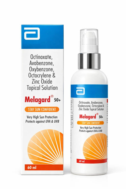 Melagard 50+ topical solution shown as a white bottle with a silver spray top next to its blue and orange retail box on a white background.