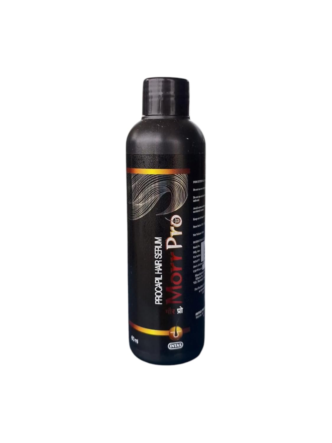 Black bottle of Minoxidil Pro hair serum on a white background