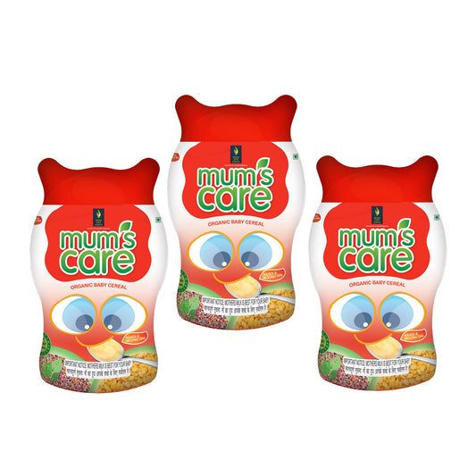 Mum's Care Ragi 和 Moong Dal 有机婴儿麦片，300 克（3 件装）- 由经过认证的有机成分制成