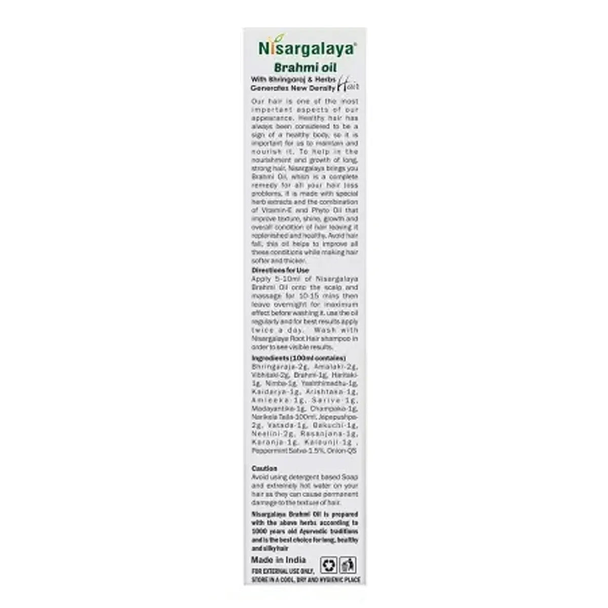 Nisargalaya Brahmi oil packaging with text on a white background