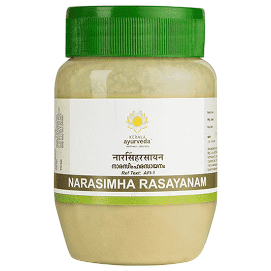 A jar of Kerala Ayurveda Narasimha Rasayanam, 200gm, with a green lid and a label displaying the brand and product name.