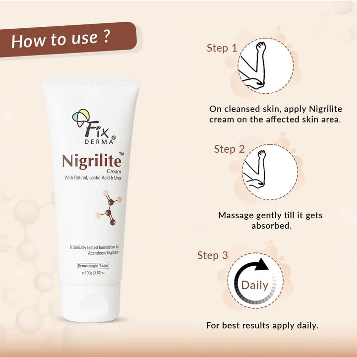 Nigrilite cream packaging with usage instructions on a beige background