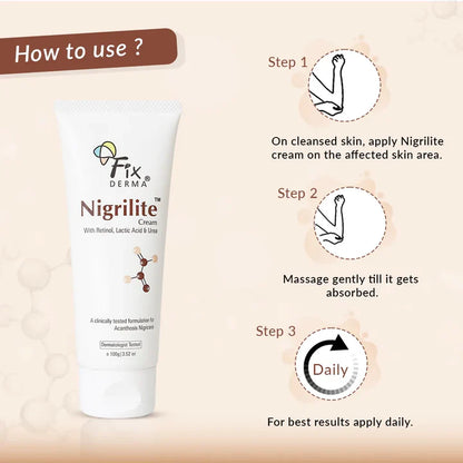 Nigrilite cream packaging with usage instructions on a beige background