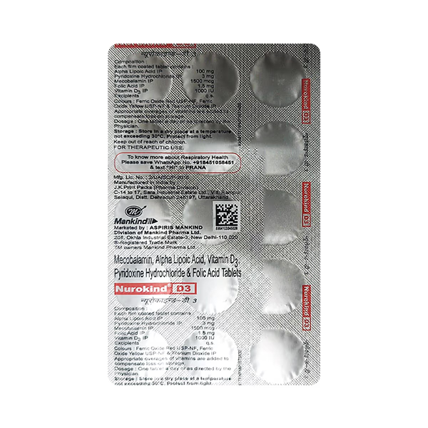 Nurokind D3 Tablet with Mecobalamin, ALA, Vitamin D3, Pyridoxine & Folic Acid, 15s