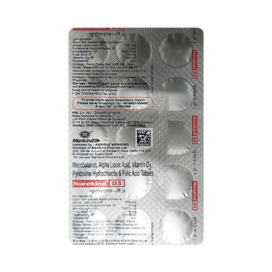 Nurokind D3 Tablet with Mecobalamin, ALA, Vitamin D3, Pyridoxine & Folic Acid, 15s