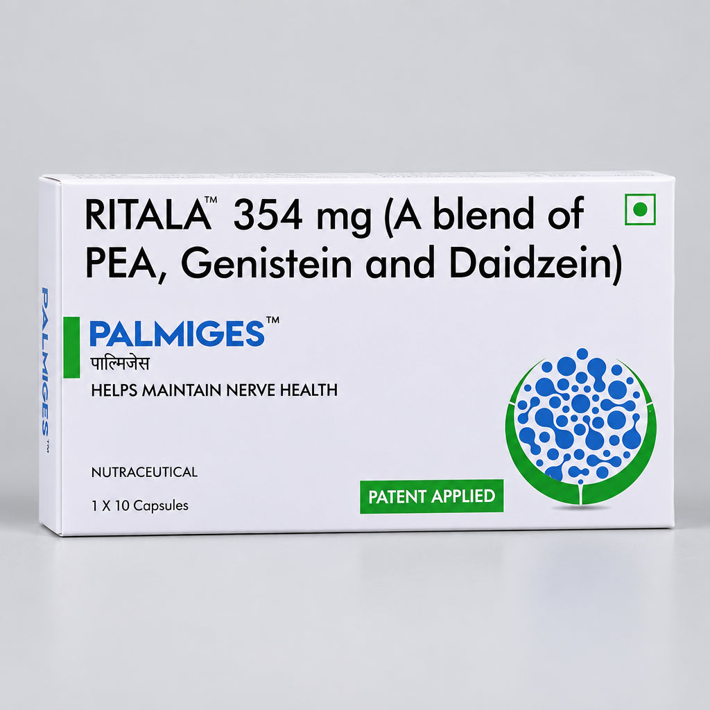 Palmiges Ritala 354 mg dietary supplement box, featuring a white background with black text, blue and green branding, and a blue-and-green circular graphic.