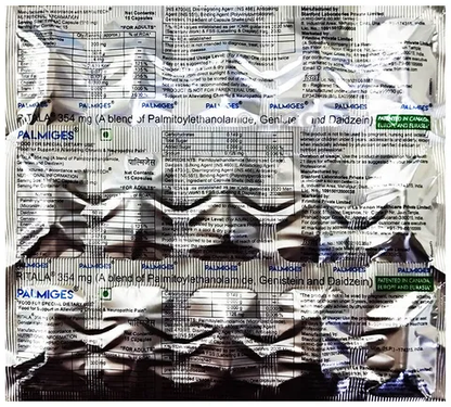 Blurred image of a pill packaging with text, likely indicating the product name 'Palmiges' and possibly other information related to the product.