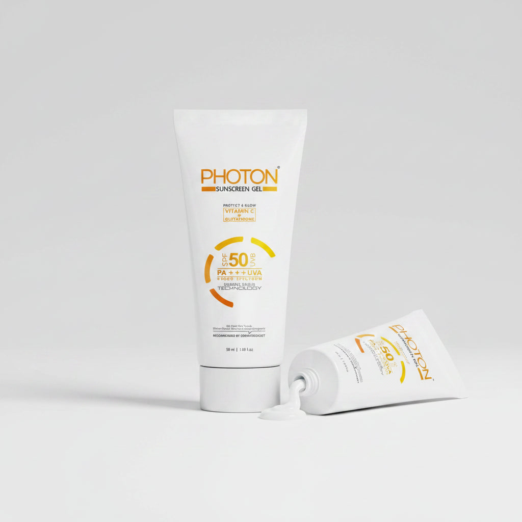 PHOTON Sunscreen Gel in a white squeeze tube with orange and yellow text and graphics, shown on a plain white background.