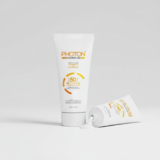 PHOTON Sunscreen Gel in a white squeeze tube with orange and yellow text and graphics, shown on a plain white background.