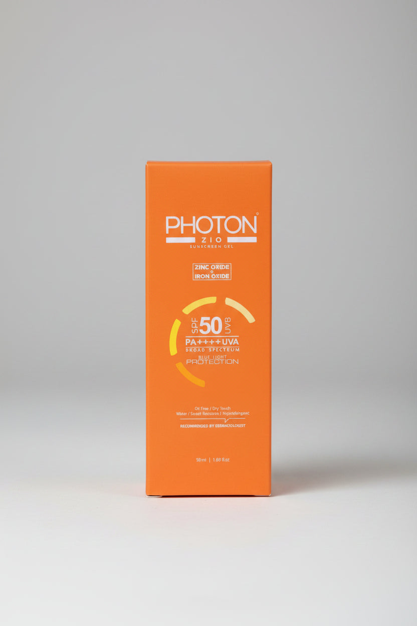 An orange rectangular box of PHOTON ZIO SPF 50 sunscreen gel, featuring white and yellow text and graphics on a solid orange background.
