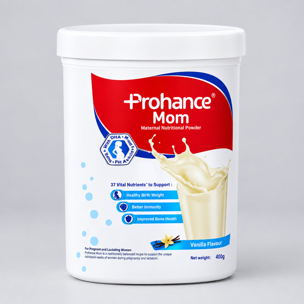 Prohance Mom powder container with red label on a white background