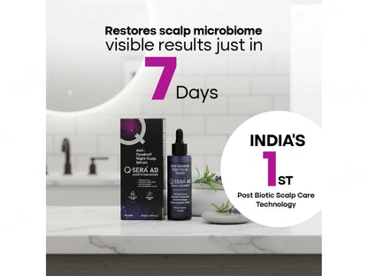 Q-SERA AD Scalp Care box and dropper bottle displayed on a bathroom counter with promotional text overlays about restoring scalp microbiome in 7 days and India's 1st post-biotic scalp care technology.