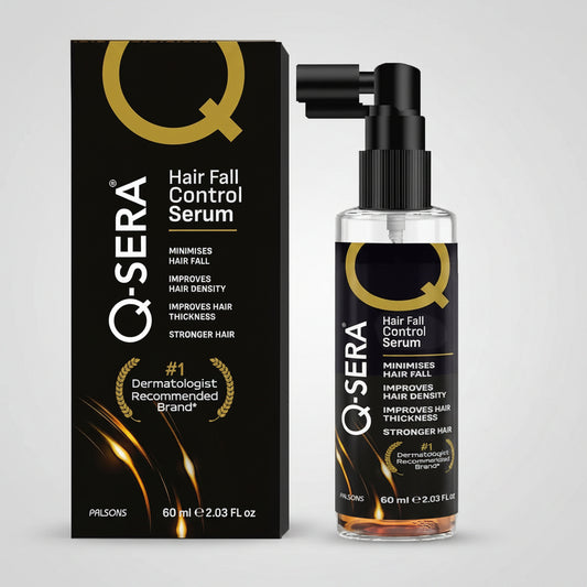Q-SERA Hair Fall Control Serum bottle with its black and gold retail box, shown on a plain white background.