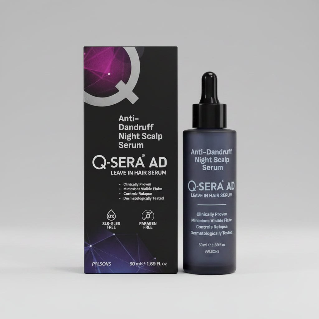 Prisons Q-SERA AD Anti-Dandruff Night Scalp Serum 50ml bottle next to its black and purple packaging box.