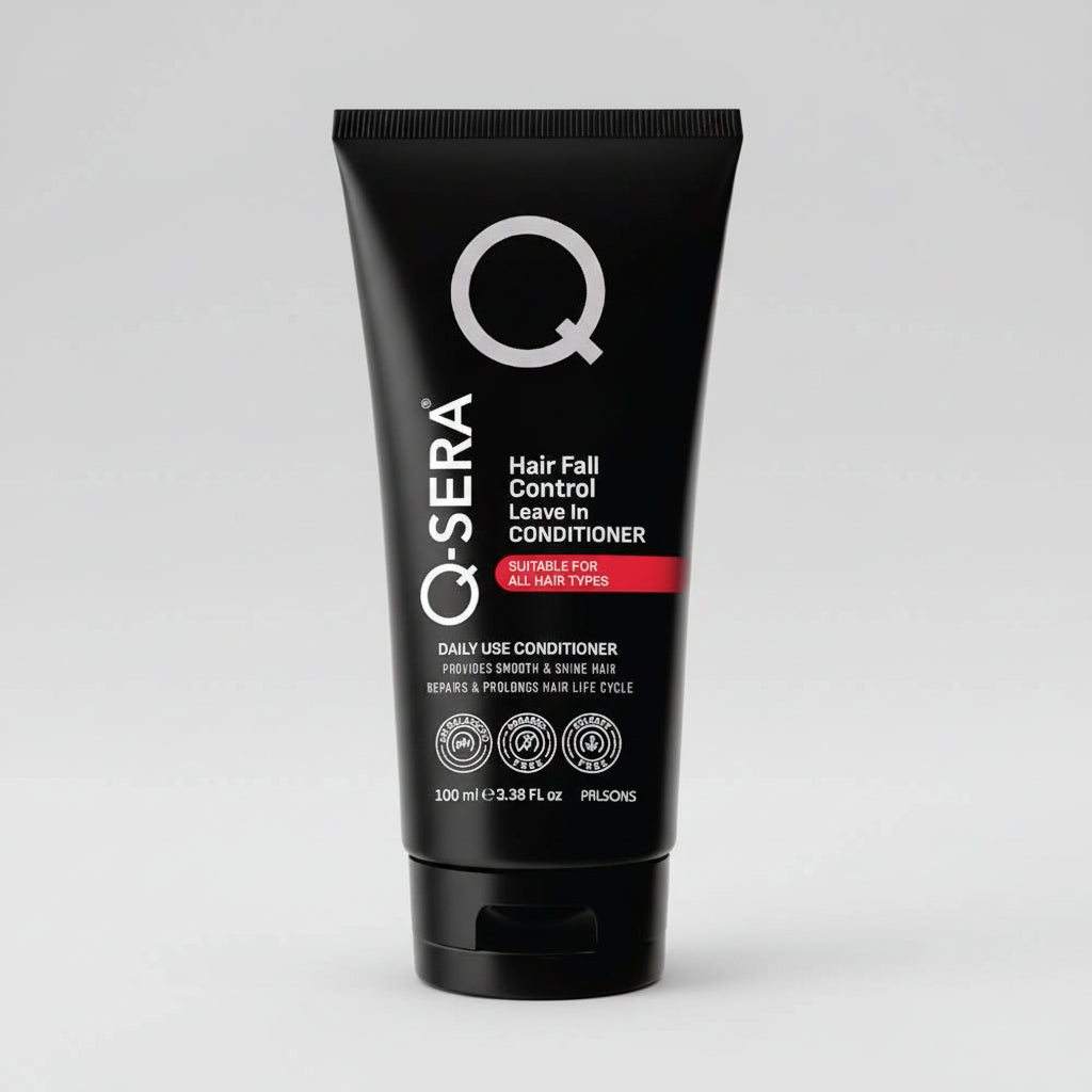 A black squeeze tube of Q-SERA Hair Fall Control Leave In Conditioner, featuring white text and a red accent bar on the front, set against a plain white background.