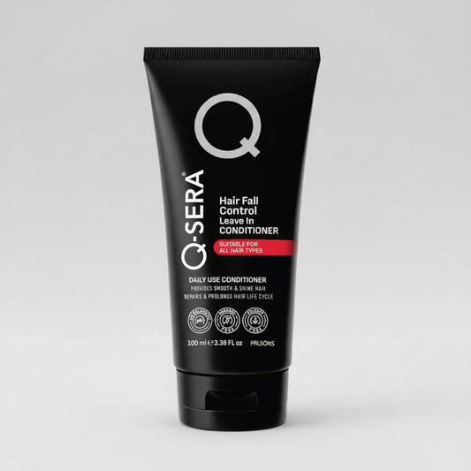 A black squeeze tube of Q-SERA Hair Fall Control Leave In Conditioner, featuring white text and a red accent bar on the front, set against a plain white background.