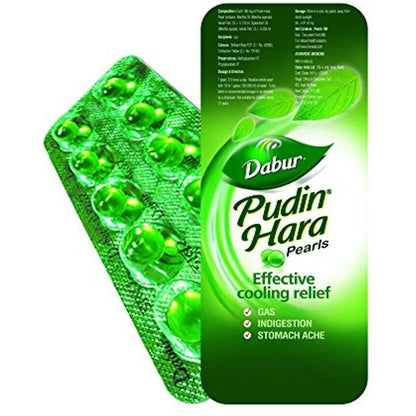 Dabur Pudin Hara pearls packaging with green and white design on a white background