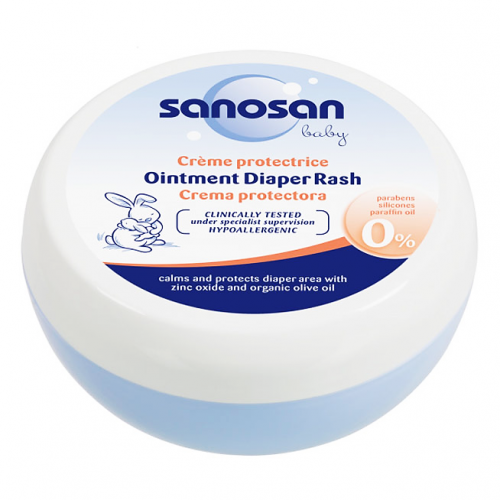 Sanosan baby diaper rash ointment container on a white background