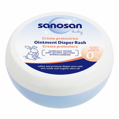 Sanosan baby diaper rash ointment container on a white background