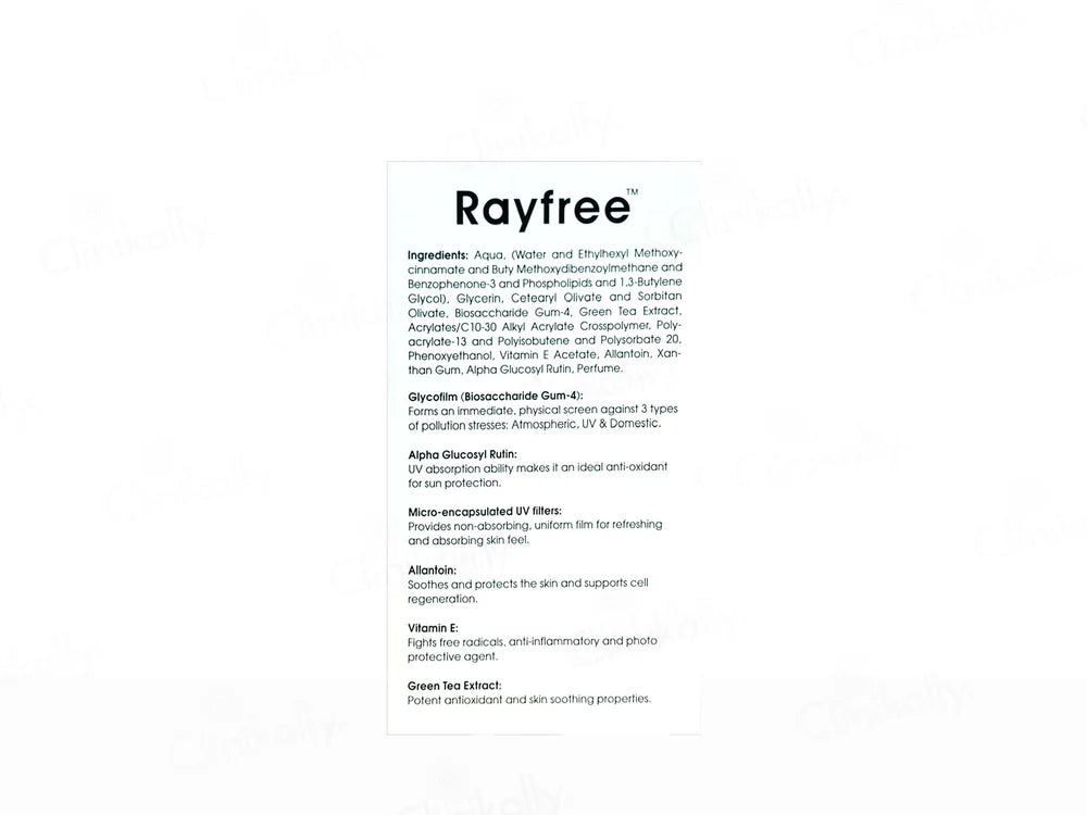 Product label with 'Rayfree' branding and text on a white background