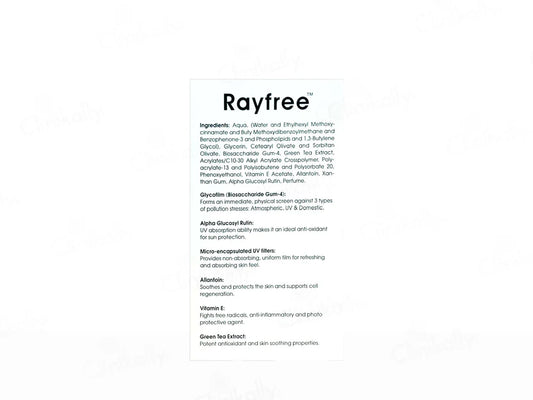 Product label with 'Rayfree' branding and text on a white background