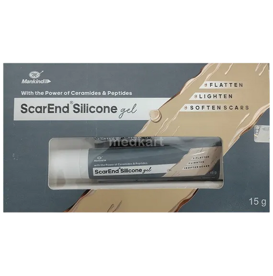 Mankindi ScarEnd Silicone gel in a 15g tube, displayed on its retail packaging box. The packaging features a dark slate gray background with a beige scar-like graphic and white text.