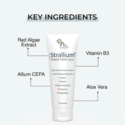 Strallium stretch mark cream with key ingredients labeled on a white background