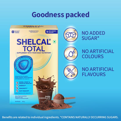 Shelcal Total Chocolate Flavour Powered by Protein, Multi-Vitamin, Multi-Mineral & Prebiotic supports Bone, Joint & Muscle Health, 400gm
