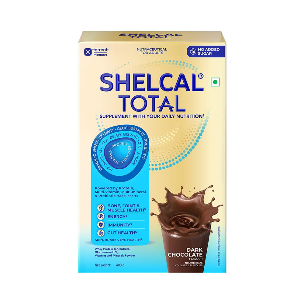 Shelcal Total Chocolate Flavour Powered by Protein, Multi-Vitamin, Multi-Mineral & Prebiotic supports Bone, Joint & Muscle Health, 400gm