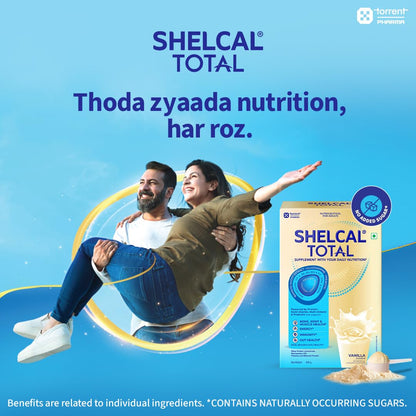 Shelcal Total Vanilla Flavour Powered by Protein, Multi-Vitamin, Multi-Mineral & Prebiotic supports Bone, Joint & Muscle Health, 400gm