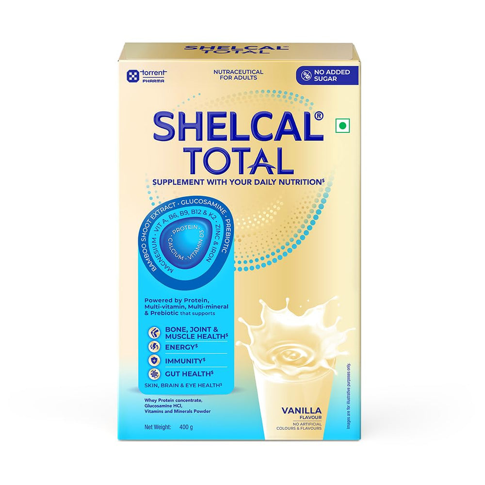 Shelcal Total Vanilla Flavour Powered by Protein, Multi-Vitamin, Multi-Mineral & Prebiotic supports Bone, Joint & Muscle Health, 400gm