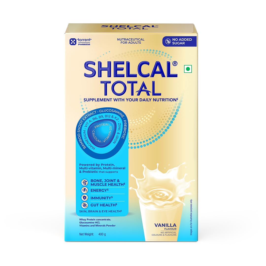 Shelcal Total Vanilla Flavour Powered by Protein, Multi-Vitamin, Multi-Mineral & Prebiotic supports Bone, Joint & Muscle Health, 400gm