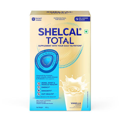 Shelcal Total Vanilla Flavour Powered by Protein, Multi-Vitamin, Multi-Mineral & Prebiotic supports Bone, Joint & Muscle Health, 400gm
