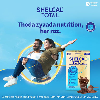 Shelcal Total Chocolate Flavour Powered by Protein, Multi-Vitamin, Multi-Mineral & Prebiotic supports Bone, Joint & Muscle Health, 400gm
