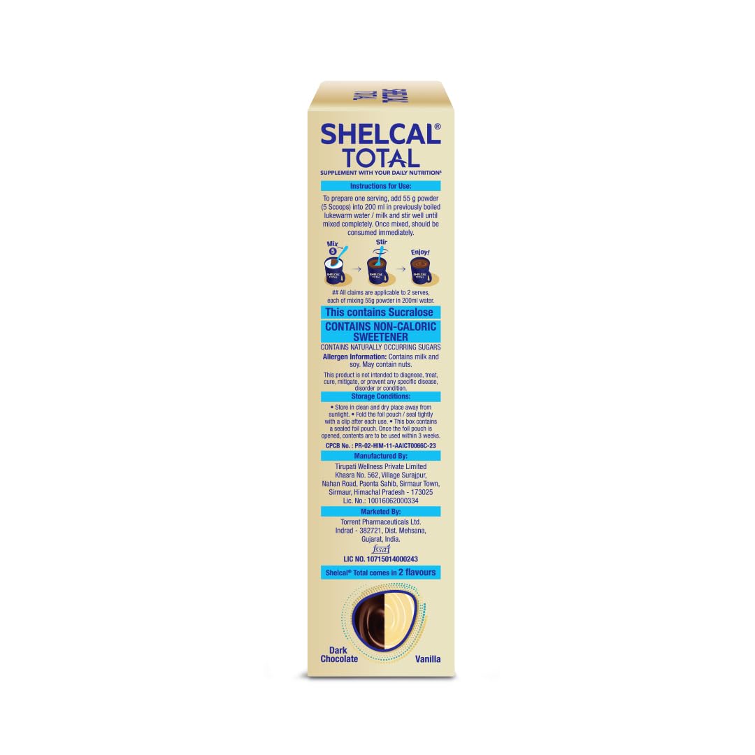 Shelcal Total Chocolate Flavour Powered by Protein, Multi-Vitamin, Multi-Mineral & Prebiotic supports Bone, Joint & Muscle Health, 400gm