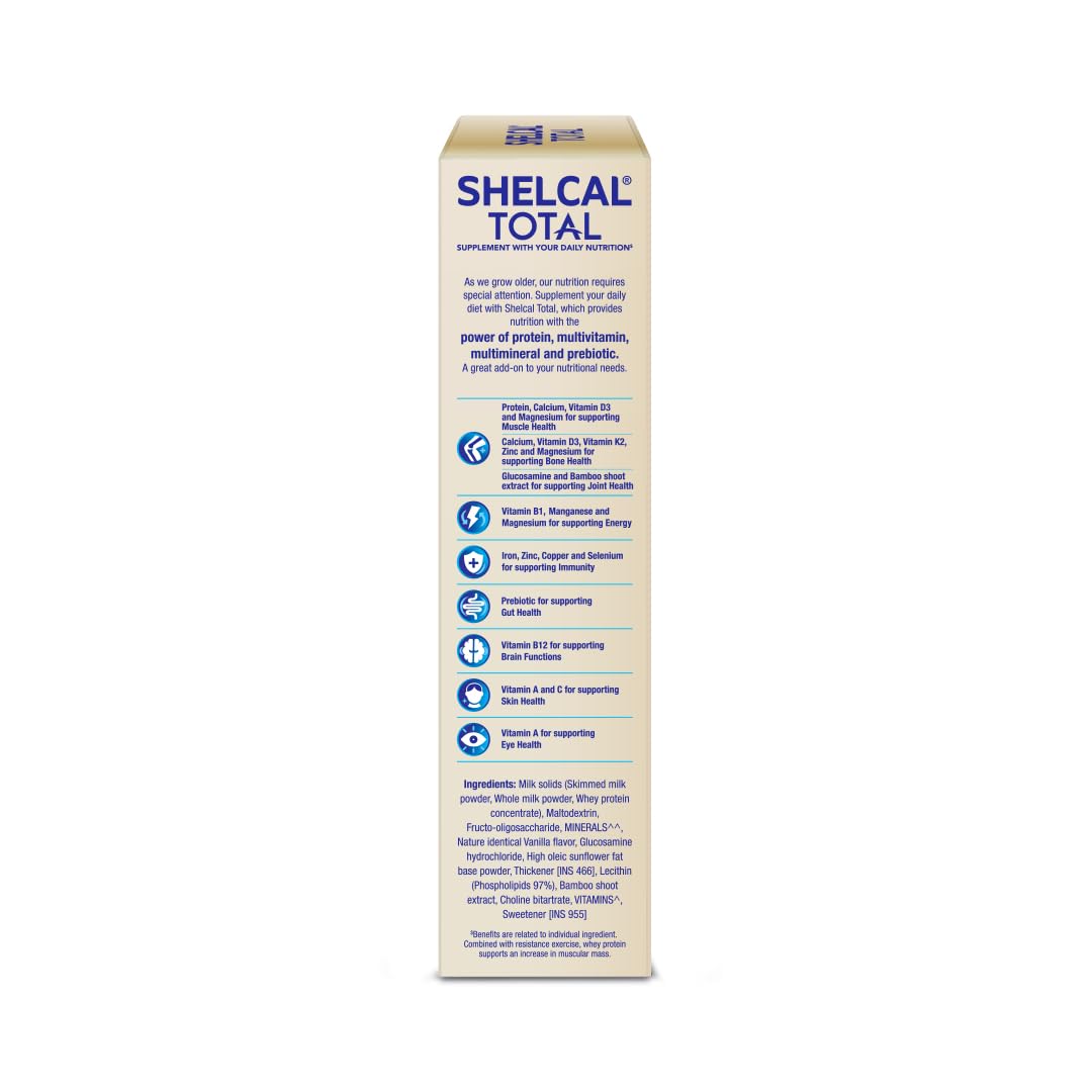 Shelcal Total Vanilla Flavour Powered by Protein, Multi-Vitamin, Multi-Mineral & Prebiotic supports Bone, Joint & Muscle Health, 400gm