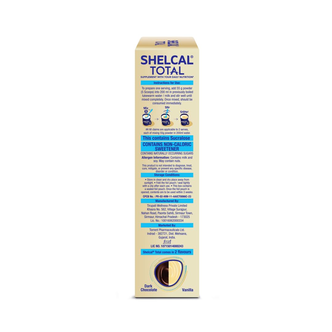 Shelcal Total Vanilla Flavour Powered by Protein, Multi-Vitamin, Multi-Mineral & Prebiotic supports Bone, Joint & Muscle Health, 400gm