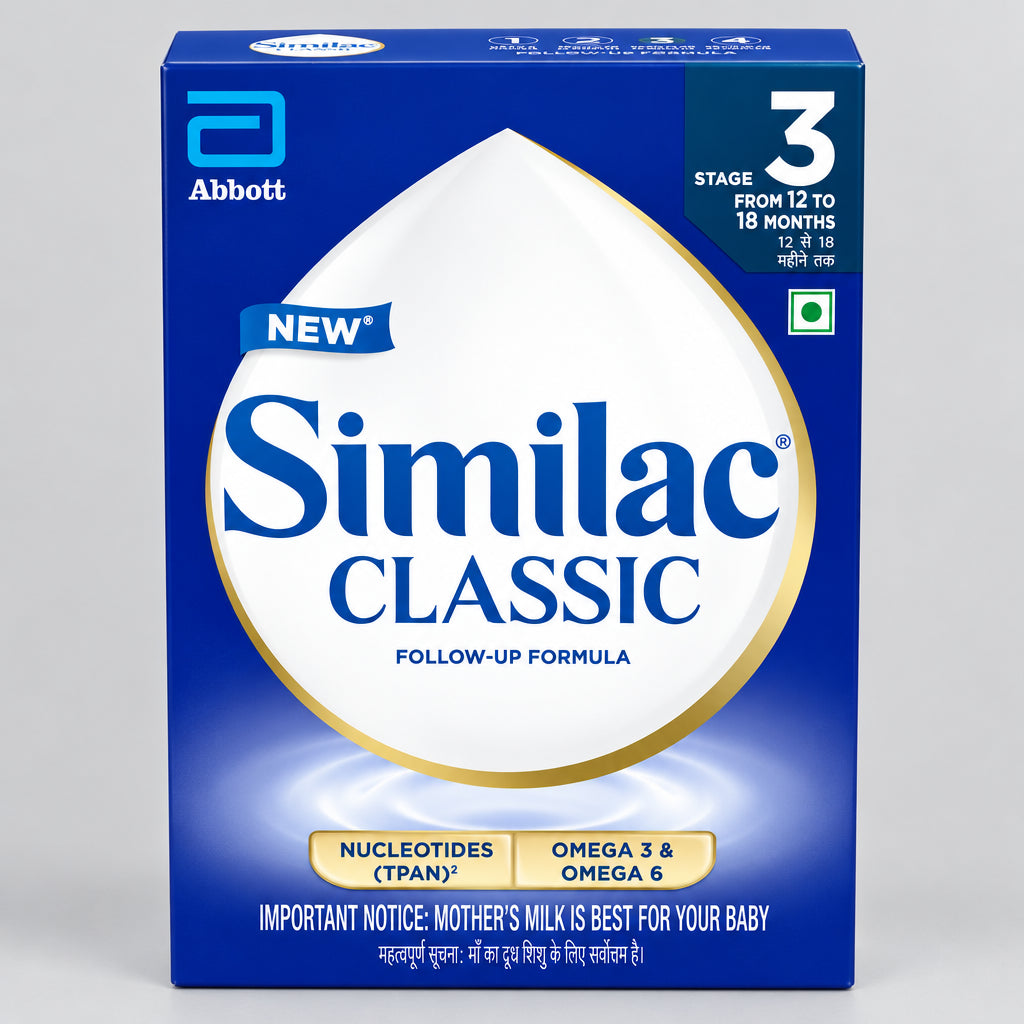 A box of Similac Classic Stage 3 Follow-Up Formula by Abbott, featuring a deep blue packaging design with a large white teardrop shape, gold accents, and product details in English and Hindi.